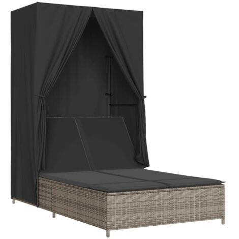vidaXL Lettino Prendisole Doppio Tetto e Tende Grigio in Polyrattan
