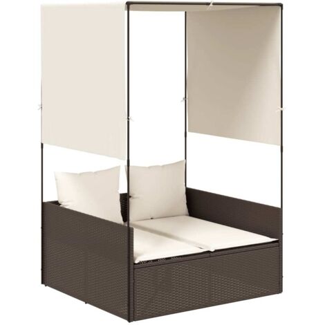 vidaXL Lettino Prendisole con Tetto e Tende Marrone in Polyrattan