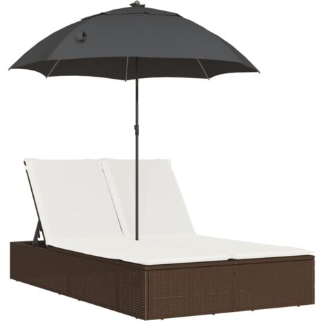 vidaXL Lettino Prendisole Doppio Cuscini e Parasole Marrone Polyrattan