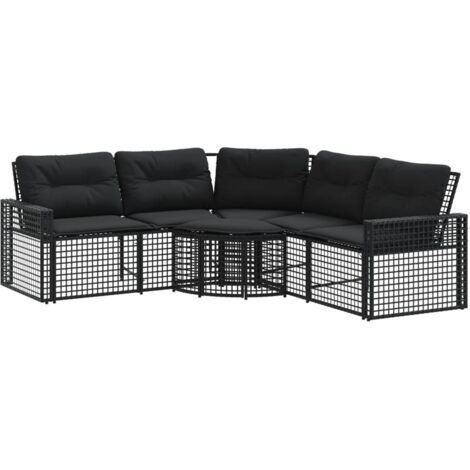 vidaXL Divano da Giardino a L con Cuscini e Pouf Nero in Polyrattan