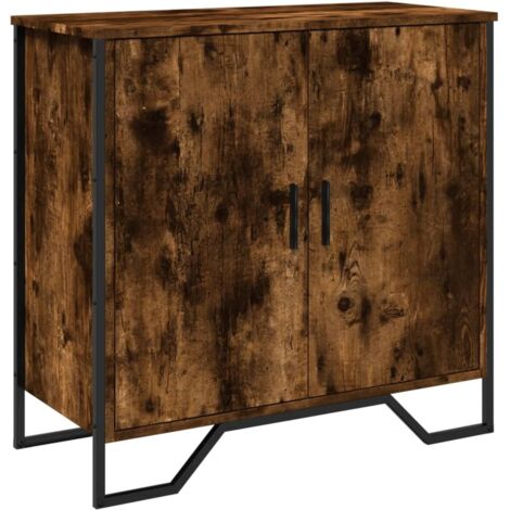 Credenza Rovere Fumo 60x35x70 Cm In Legno Multistrato - 4 Scomparti E 2 Ante, Con Piedini In Eucalipto