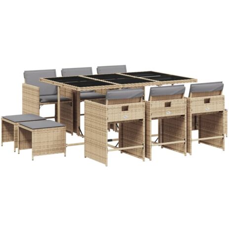 vidaXL Set Pranzo da Giardino 11 pz con Cuscini Beige Misto Polyrattan
