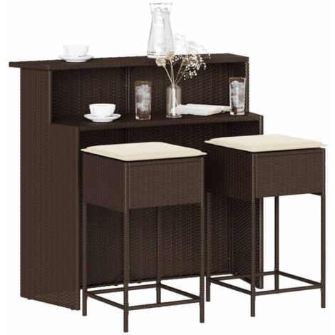 Set Bar da Giardino 3 pz con Cuscini in Polyrattan Marrone vidaXL