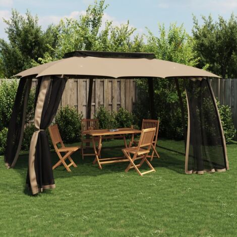 Gazebo con Tetto Doppio/Pareti Rete Tortora 3,93x2,93 m Acciaio vidaXL