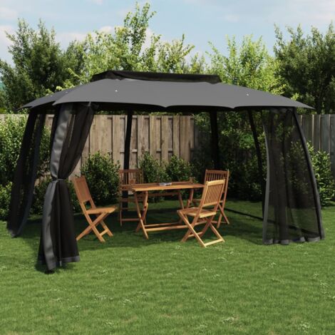 Gazebo Tetto Doppio e Pareti Rete Antracite 3,93x2,93 m Acciaio vidaXL