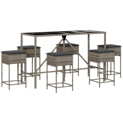 Set Bar da Giardino 7 pz con Cuscini in Polyrattan Grigio vidaXL