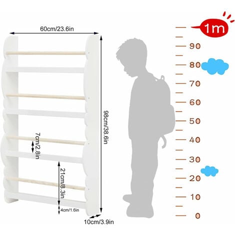 Bibliothèque Murale pour Chambre d'enfants WOLTU, Étagère de Rangement en Bois MDF à 4 Niveaux, 60x14,5x98cm, Blanc