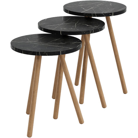Set Di 3 Tavolini Bassi Da Salotto - Altezze Diverse Con Piano Rotondo E Gambe A Treppiede, Bianco E Nero