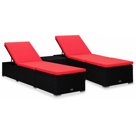 vidaXL Lettini Prendisole con Tavolino 3 pz in Polyrattan Nero