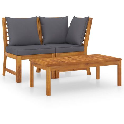 vidaXL Set Divani Giardino 3pz Cuscini Grigio Scuro Acacia Massello