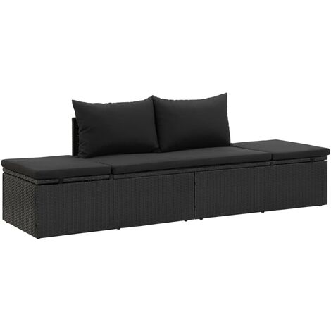 Lettino Prendisole con Cuscini in Polyrattan Nero reclinabile design elegante