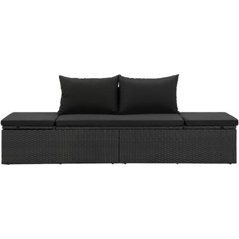 Lettino Prendisole con Cuscini in Polyrattan Nero reclinabile design elegante