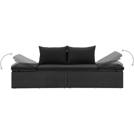 Lettino Prendisole con Cuscini in Polyrattan Nero reclinabile design elegante