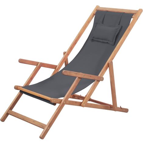 vidaXL Sdraio da Spiaggia Pieghevole Telaio in Legno e Tessuto Grigio