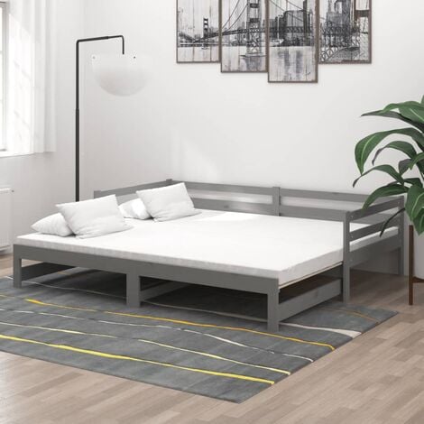 Letto singolo per bambini, Divano letto con secondo lettino estraibile,  Lettino con decorazione e protezione anticaduta, cm 164x88h70, colore  Bianco e Grigio