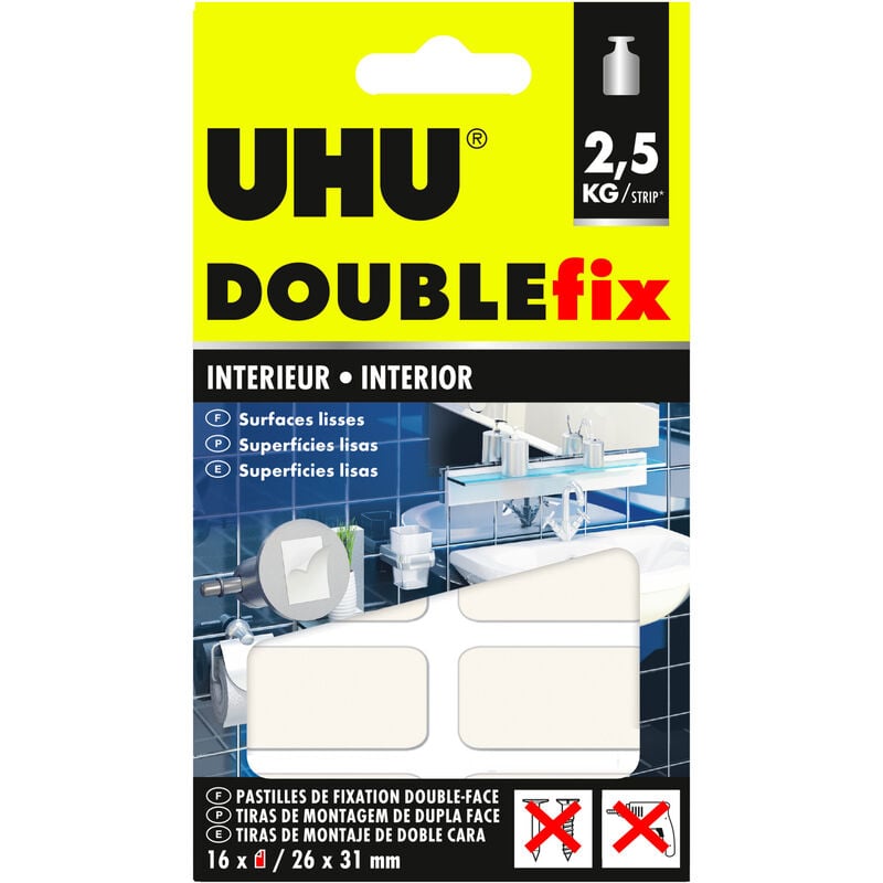 UHU Doublefix intérieur extra fort -  Ruban adhésif double face, ultra puissant, blanc, 16 pastilles