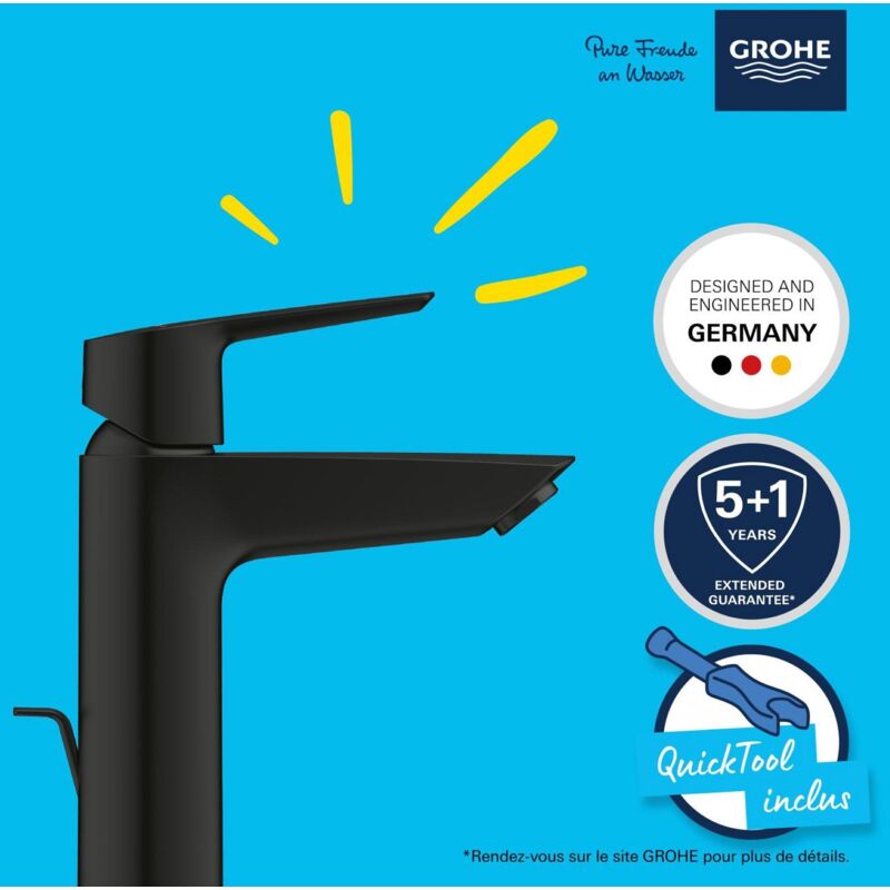 Mitigeur Lavabo GROHE Start M Noir Mat – Monocommande Avec Économie D’Eau & Énergie, Jet Rain, Ouverture Eau Froide Centrale, Taille M