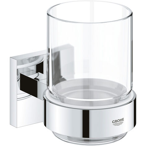 Grohe – Verre en cristal avec support chromé 41097000 – Fixation murale ou collage – Finition Long-Life Shine – Platine de fixation incluse - G41097000