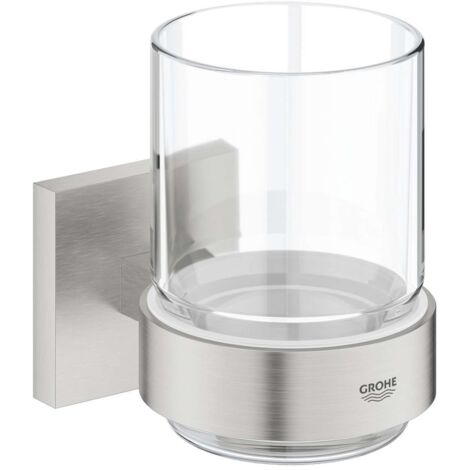 GROHE QuickFix - Start Cube - Verre en cristal avec support - Fintion Supersteel 41097DC0 (à visser ou à coller)