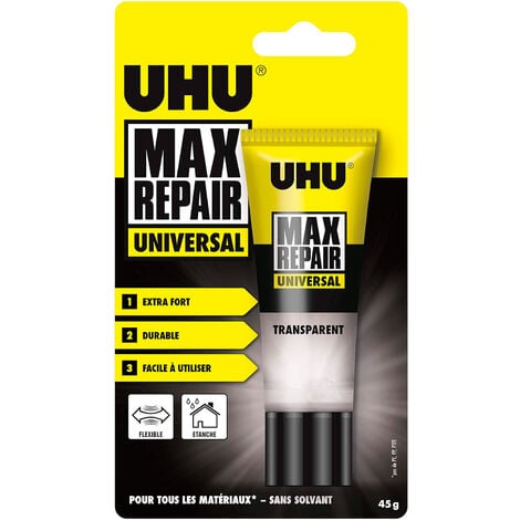 UHU Max Repair universal - Colle puissante et flexible, transparente, idéale pour les chaussures, le caoutchouc, le cuir, tube 45g