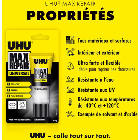 UHU Max Repair universal - Colle puissante et flexible, transparente, idéale pour les chaussures, le caoutchouc, le cuir, tube 45g