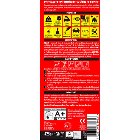 UHU Polymax prise immédiate- Mastic/colle MSP pour coller, assembler et jointer, toutes surfaces, ultra solide, sans solvants, blanc, cartouche 425 g