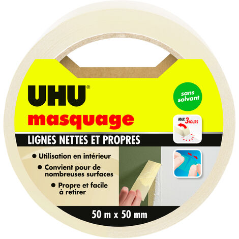 Ruban de masquage 50m x 50mm – Formulé sans solvant – Pour surfaces intérieures – Résultat net et propre – UHU