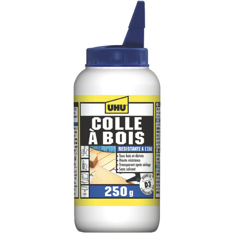 Colle à bois waterproof D3 250g – Résistante à l'eau pour bois dur et aggloméré – Sèche transparente – Embout de précision – UHU