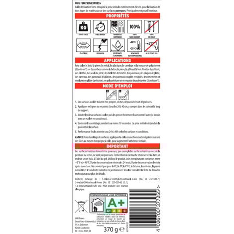 UHU Fixation express - Colle de montage ultra forte et rapide, blanche, cartouche 370g