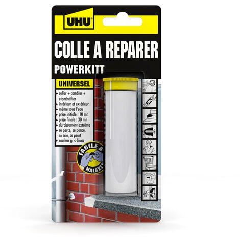 UHU Colle à réparer Powerkitt universel - Pâte époxy 2 composants pour coller, combler, étanchéifier, réparer, intérieur et extérieur, Gris, 60g