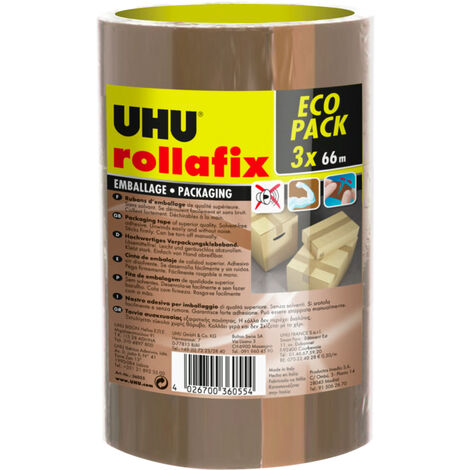 Ruban adhésif d'emballage brun lot de 3 – Dimensions 66m x 50mm – Adhésion forte pour cartons – Résistance 5°C à 40°C – UHU