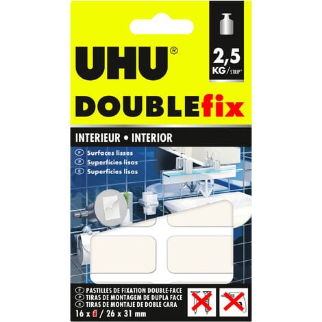 UHU Doublefix intérieur extra fort -  Ruban adhésif double face, ultra puissant, blanc, 16 pastilles