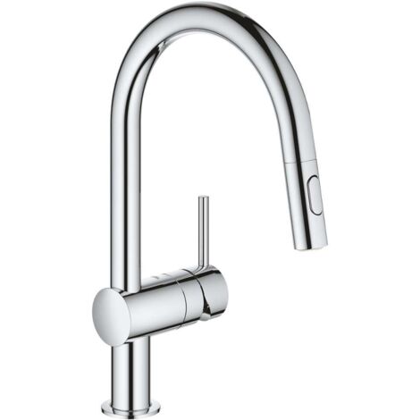 Grohe – Mitigeur de cuisine monocommandé avec bec en C – Finition chromée résistante – Douchette extractible avec 2 jets – Zone de rotation 360°