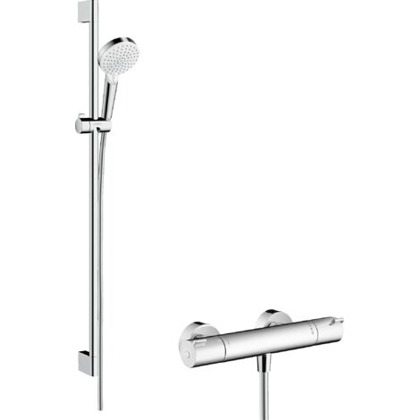 Hansgrohe – Colonne de douche thermostatique 27813400 – Douchette à main 100mm – 2 jets Rain et IntenseRain – Barre de douche 90cm – Flexible 1,6m