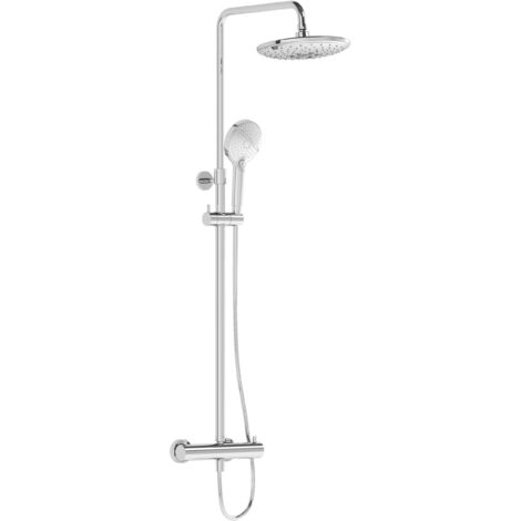 Vitra – Colonne de douche thermostatique chromée – Pomme pluie ronde 240 mm – Douchette 3 jets – Flexible anti-torsion 1750 mm – Sécurité à 38°C