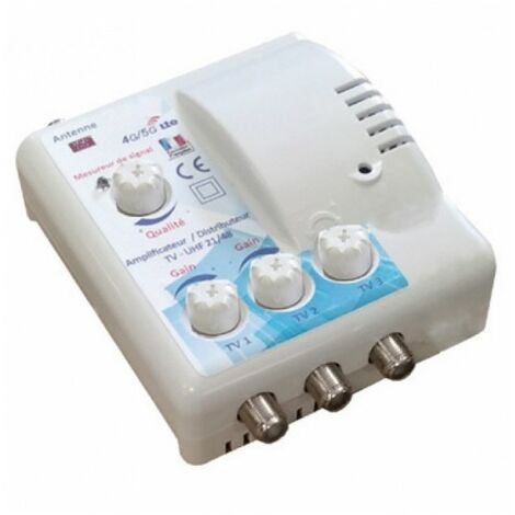 Amplificateur distributeur intérieur 3 sorties F UHF Tonna 402663 - Filtre LTE 700 4G 5G, Gain 22 x 3 dB, réglable avec mesureur LED