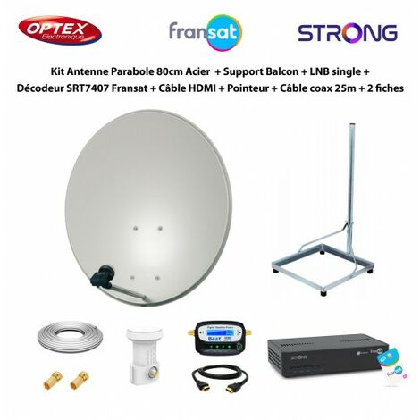 Kit Parabole 80cm Acier + Support Balcon + LNB Single + Décodeur SRT7407 Fransat + Câble HDMI + Pointeur + Câble Coax 25m + 2 fiches (1/5)