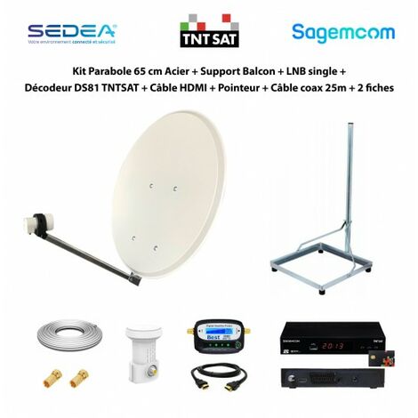 Kit Parabole 65 cm Acier + Support Balcon + LNB single + Décodeur DS81 TNTSAT + Câble HDMI + Pointeur + Câble coax 25m + 2 fiches F (1/5)