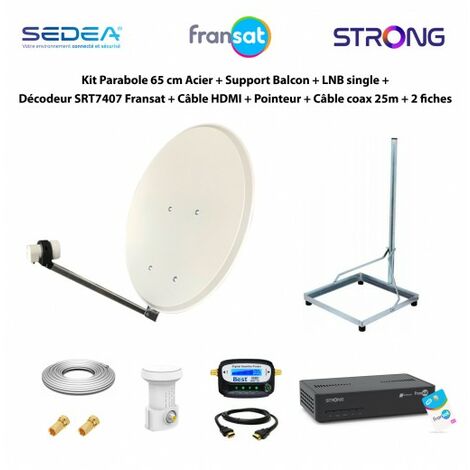 Kit Parabole 65cm Acier + Support Balcon + LNB Single + Décodeur SRT7407 Fransat + Câble HDMI + Pointeur + Câble Coax 25m + 2 fiches (1/5)