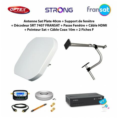 Antenne Sat Plate 40cm + Support de fenêtre + Décodeur SRT 7407 FRANSAT + Passe Fenêtre + Câble HDMI + Pointeur Sat + Câble Coax 10m (1/5)
