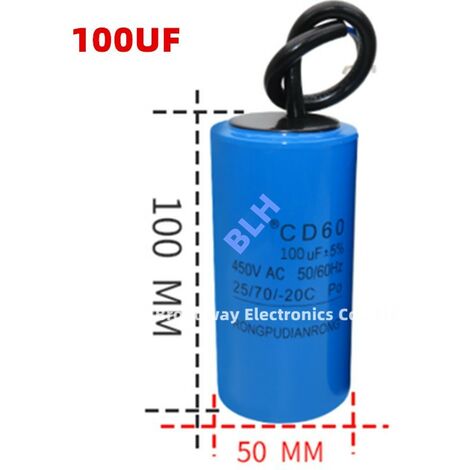 Condensateur de démarrage avec coque en plastique, cellule électrolytique, CD60, 450V, 450ylique, 100UF 100x50mm (1/3)
