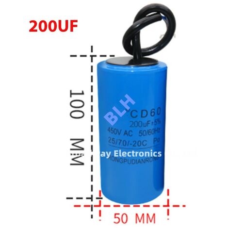 Condensateur de démarrage avec coque en plastique, cellule électrolytique, CD60, 450V, 450ylique, 200UF (1/3)