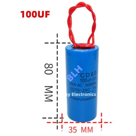 Condensateur de démarrage avec coque en plastique, cellule électrolytique, CD60, 450V, 450ylique, 100UF 80x35mm (1/3)