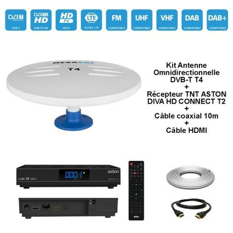 Kit Antenne Omnidirectionnelle DVB-T T4 + Récepteur TNT ASTON DIVA HD CONNECT T2 + Câble coaxial 10m + Câble HDMI (1/5)