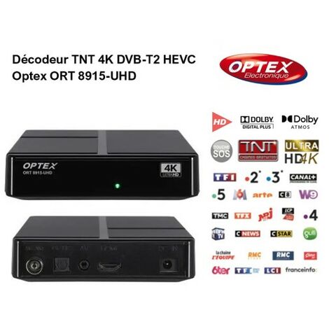 Décodeur TNT 4k BOX - DVB-T2 HEVC Optex ORT 8915-UHD Réception de qualité, enregistrement programme, chaînes gratuites HAUTE QUALITE (1/5)