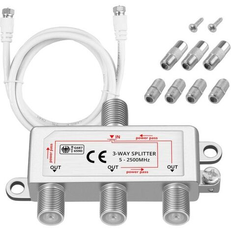 Neoteck Séparateur Cable 3 Voies Satellite TV Aérien Kit F Connecteur Male vers Femelle Large Bande avec Fiches F Cable Coaxial 1,5m (1/5)