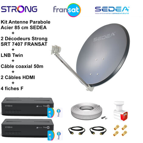 Kit Parabole Acier 85 cm Anthracite + LNB Twin HD 4K + 2 Décodeurs SRT 7407 FRANSAT + Câble coax 50m + 2 Câbles HDMI + 4 Fiches F (1/5)