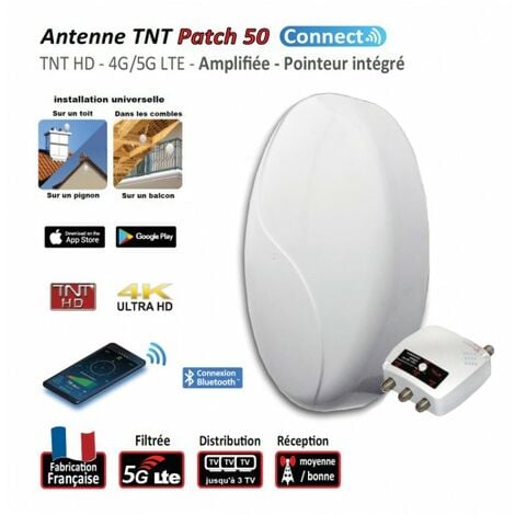 Antenne TV TNT extérieure blanc UHF Elap Patch 50 HD Connect 4G 5G LTE 700 3