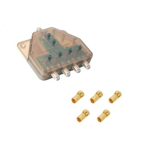 Amplificateur TNT UHF, Distributeur Télé alimenté 1 entrée 4 sorties + 5 Fiches F Or - Gain maxi 4 x 40 dB, Réglable (1/3)