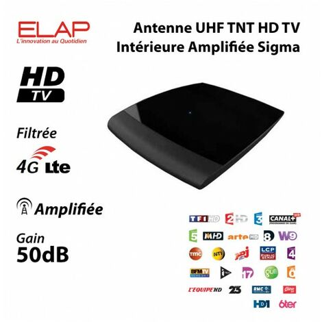Antenne UHF TNT HD TV Intérieure Amplifiée Elap Sigma - Très Haut Gain 50 dB, Amplificateur intégré, Bande passante filtrée 4G (1/3)